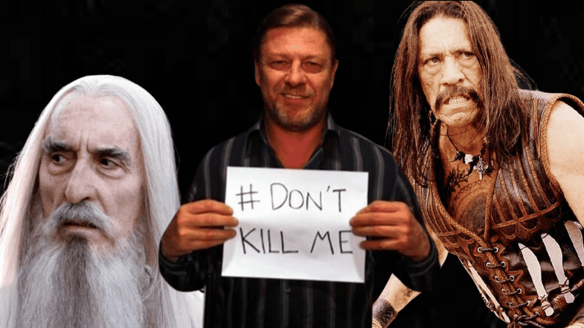 Montagem com os atores Christopher Lee, Sean Bean e Danny Trejo; Sean Bean aparece ao centro segurando um papel com a frase “#DON’T KILL ME”, enquanto os outros dois olham com expressão séria, eles estão entre os atores que mais morreram em filmes e séries