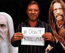 Montagem com os atores Christopher Lee, Sean Bean e Danny Trejo; Sean Bean aparece ao centro segurando um papel com a frase “#DON’T KILL ME”, enquanto os outros dois olham com expressão séria, eles estão entre os atores que mais morreram em filmes e séries