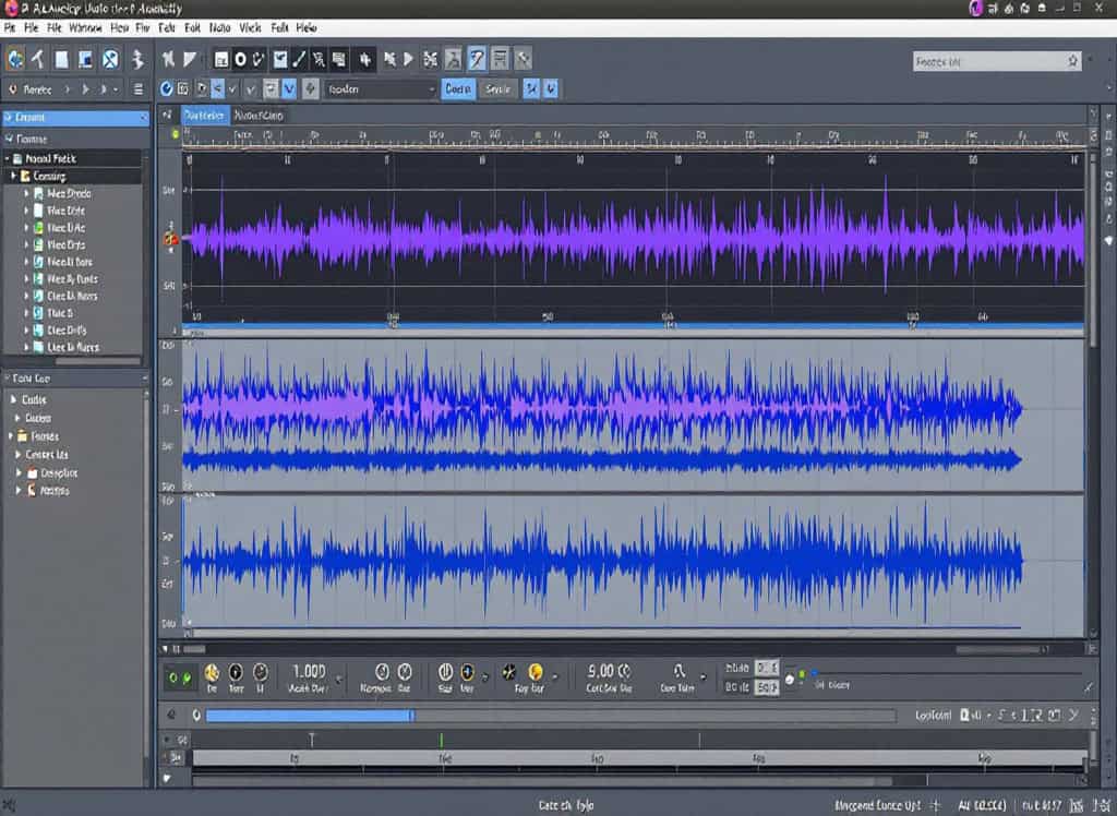 Imagem ilustrativa criada por IA do Audacity mostrando interface de edição de áudio com waveforms, faixas múltiplas e ferramentas de processamento de som em ambiente Linux