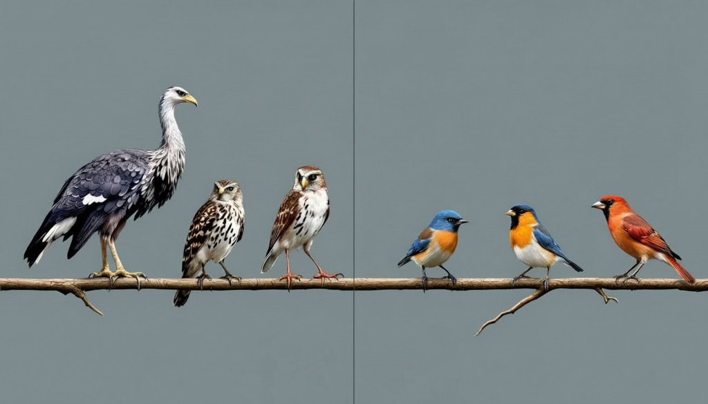 Imagem gerada por IA mostra diferenças visuais entre aves e pássaros: tamanho, bico e pé anisodáctilo