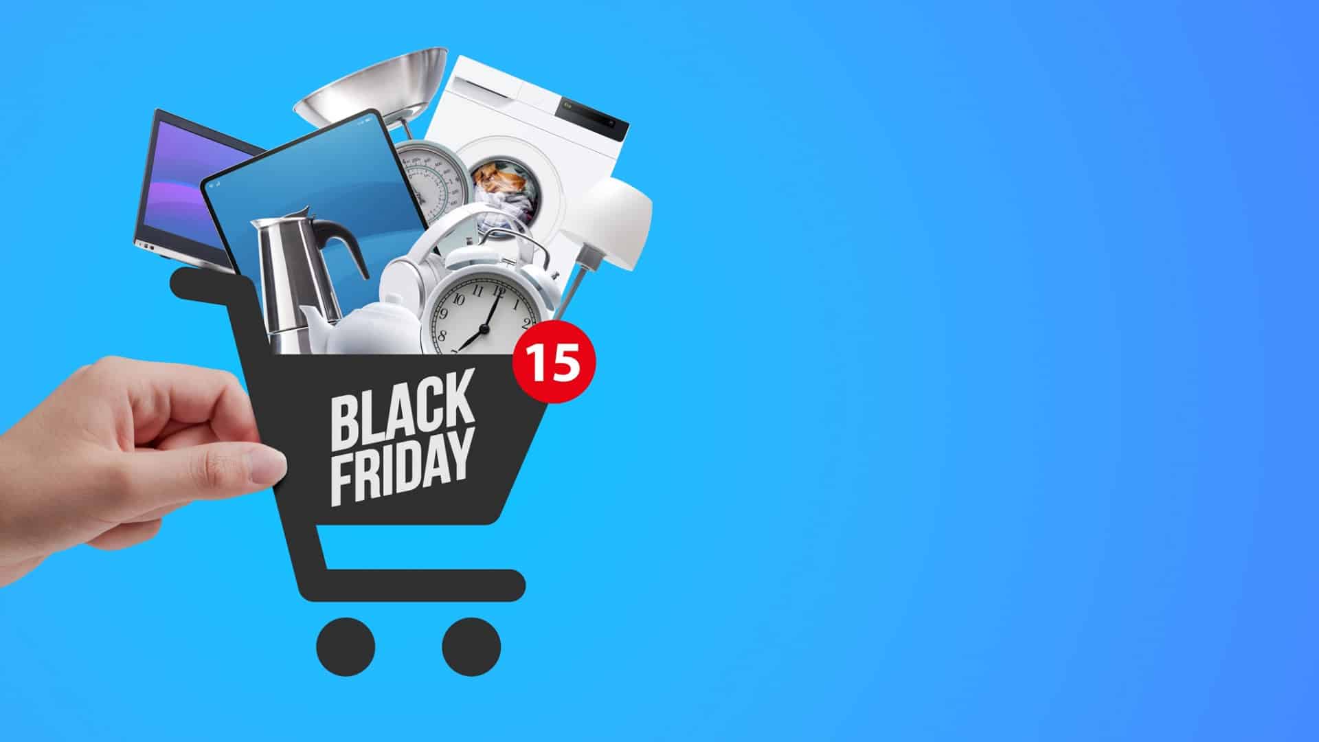 Mão segurando um desenho de carrinho de compras preto com os dizeres 