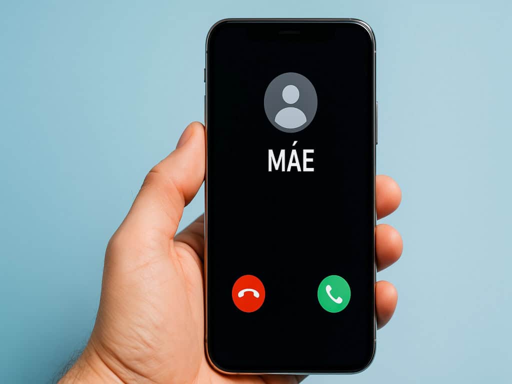 Pessoa atendendo ligação suspeita com o nome “Mãe” no visor, com elementos digitais sugerindo golpe de voz por IA