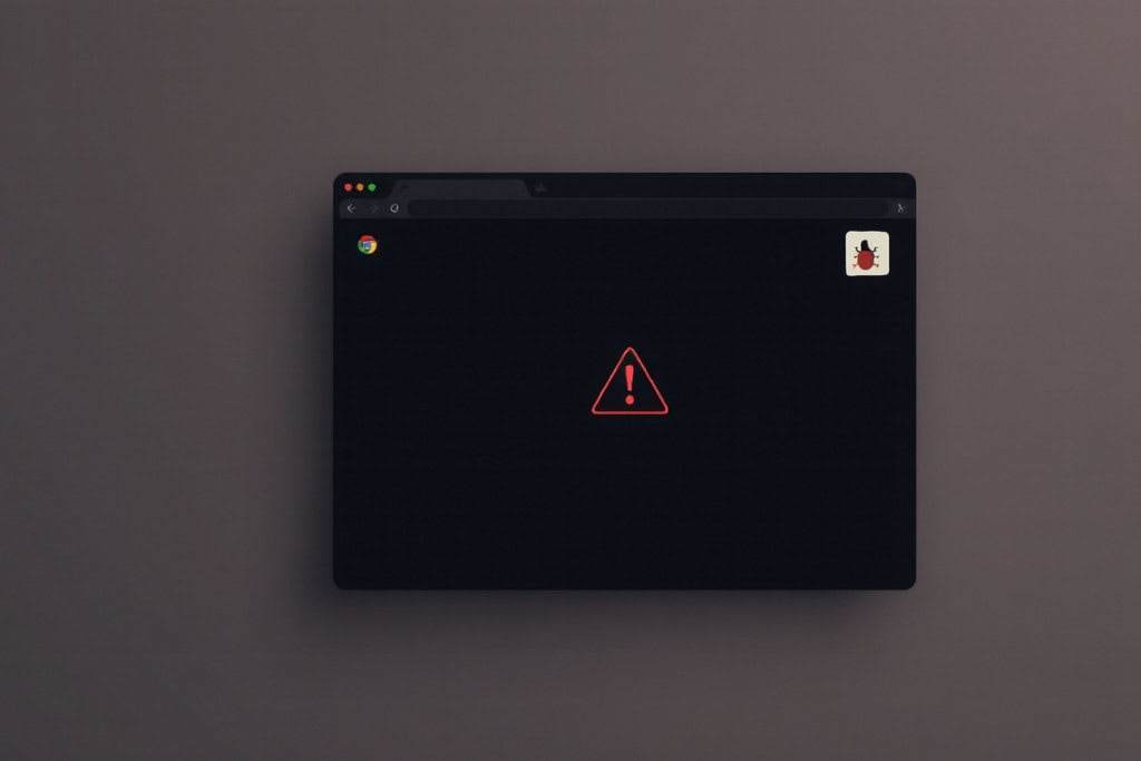 Extensão do navegador Chrome com ícone de alerta vermelho e símbolo de perigo indicando risco de segurança