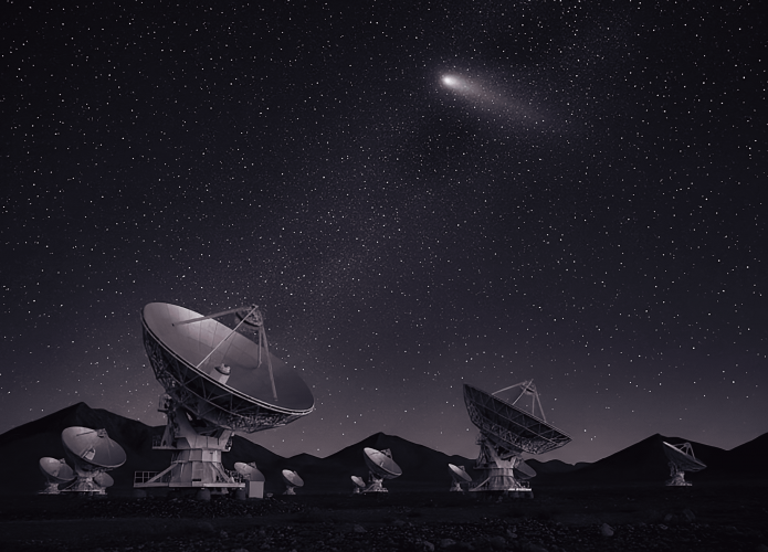 Representação artística de radiotelescópios detectando sinais do 3I/ATLAS