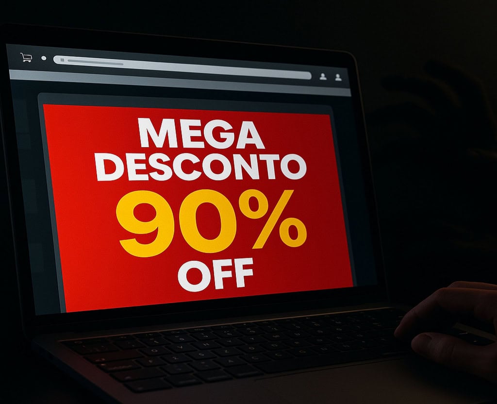 Promoção online com desconto falso, representando armadilhas virtuais durante a Black Friday