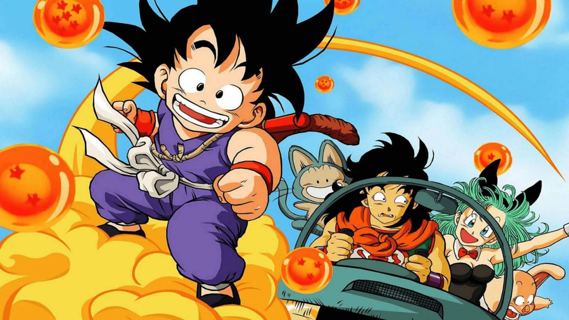 Imagem mostra Goku, Bulma e seus companheiros em uma das aventuras iniciais de Dragon Ball