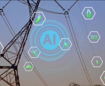 Tecnologia de IA e ícones de energia sobre linhas de energia elétrica ao pôr do Sol