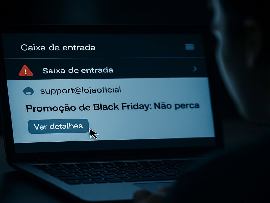 Pessoa observando notebook com e-mail suspeito de remetente “support@lojaoficial”, com o assunto “Promoção de Black Friday: Não perca” e botão “Ver detalhes”, representando tentativa de golpe digital