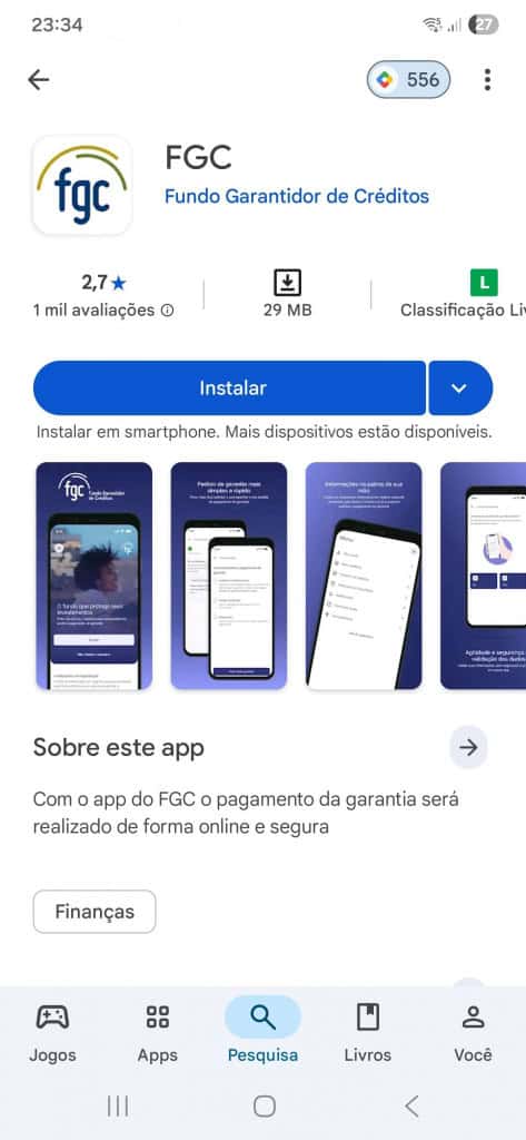 Captura de tela da página do FGC na Play Store