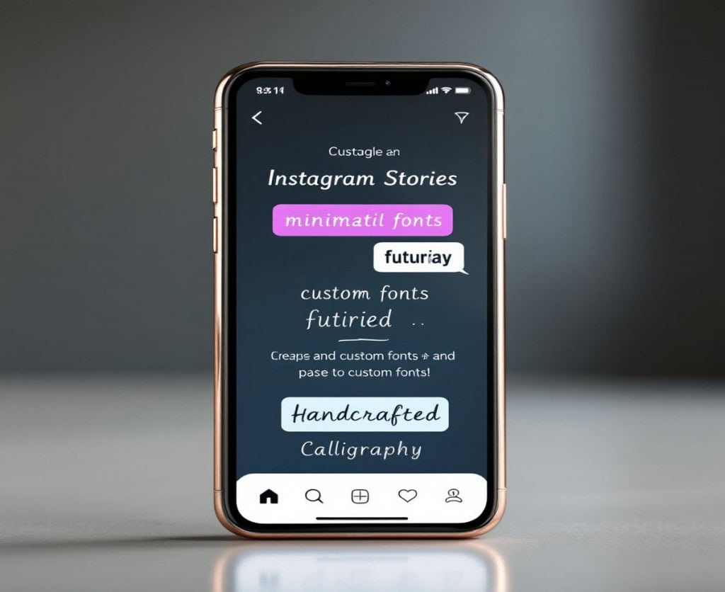 Tela de smartphone exibindo stories do Instagram com vários textos em tipografias distintas, incluindo fontes serifadas minimalistas, futuristas e caligráficas, mostrando personalização visual dentro do aplicativo