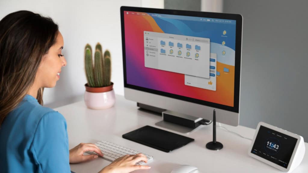 Sala 9 Fn: Google coloca Gemini dentro do teclado do Mac com novo atalho 3 mulher sentada usando um computador macOS em uma mesa branca