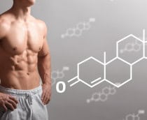 Homem musculoso e a fórmula química da testosterona