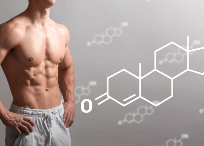 Homem musculoso e a fórmula química da testosterona