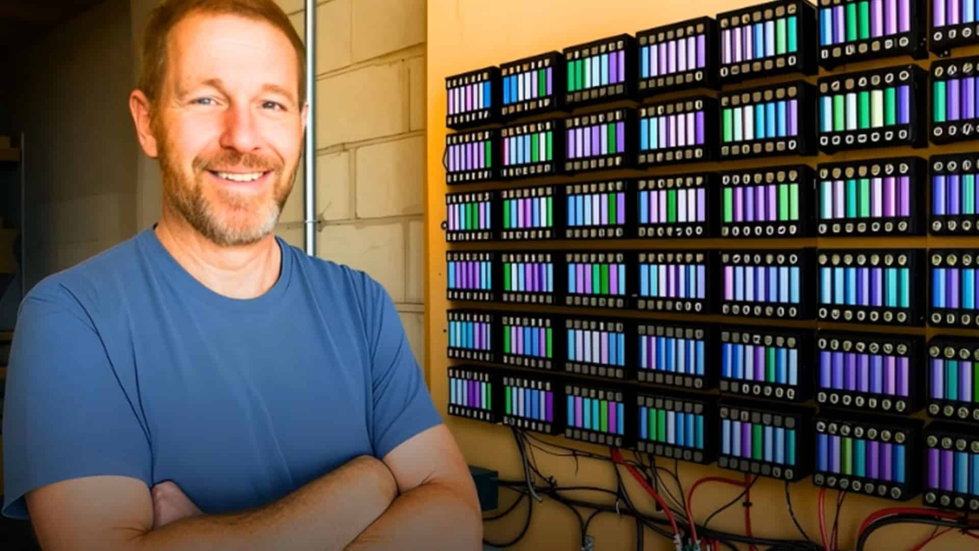 Homem que criou o sistema, sorrindo e de braços cruzados, com as baterias atrás, dispostas na parede, formando um quadrado