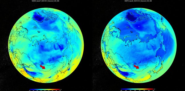 Registro do vórtice polar no Ártico feito pelos sensores de Temperatura e Umidade por Micro-ondas a bordo do satélite FY-3H, em 12 de outubro