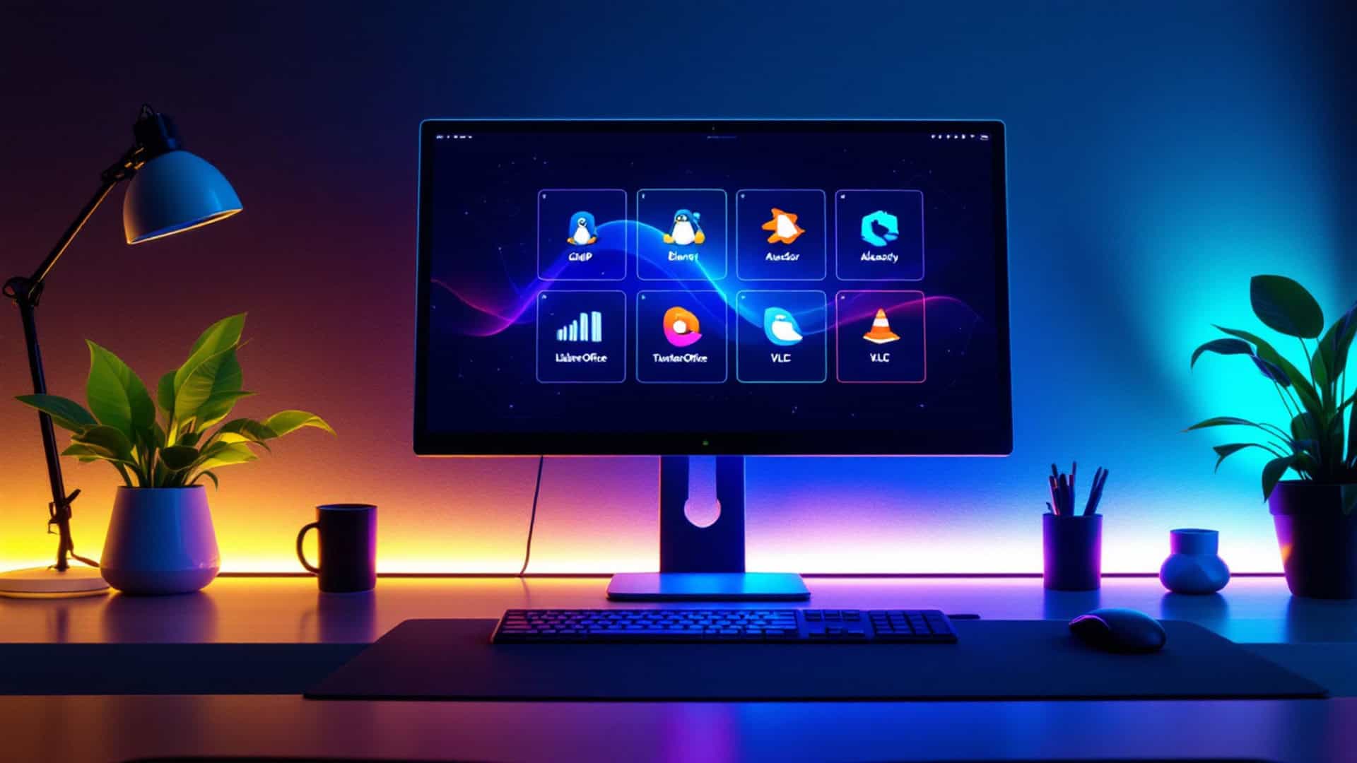 Imagem ilustrativa mostrando os 6 aplicativos Linux essenciais (GIMP, Blender, Audacity, LibreOffice, Thunderbird e VLC) em interface de desktop moderna com ícones e elementos visuais do sistema operacional Linux