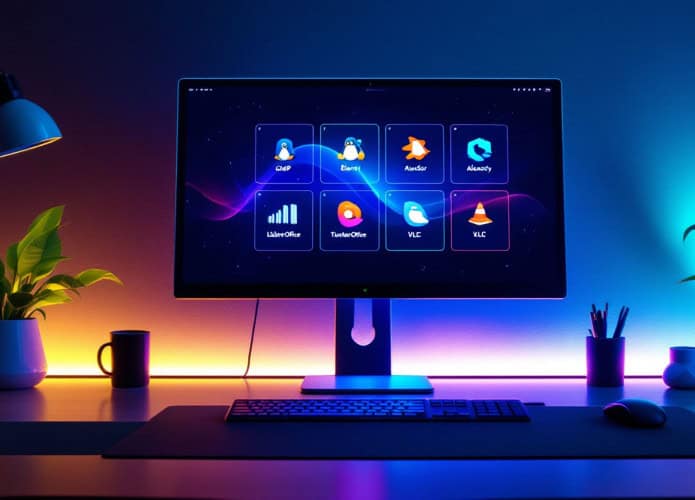 Imagem ilustrativa mostrando os 6 aplicativos Linux essenciais (GIMP, Blender, Audacity, LibreOffice, Thunderbird e VLC) em interface de desktop moderna com ícones e elementos visuais do sistema operacional Linux