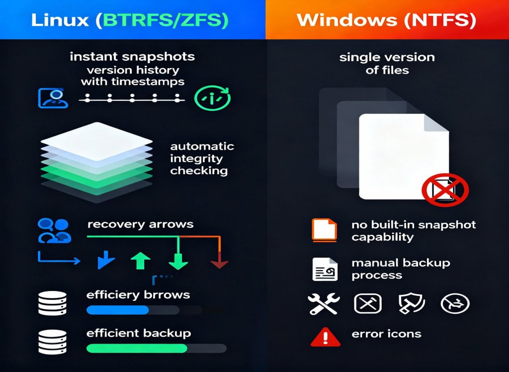 Ilustração mostra comparação visual entre Btrfs/ZFS do Linux e NTFS do Windows. À esquerda, ícones verdes mostrando snapshots instantâneos, verificação de integridade automática e backup eficiente. À direita, ícones vermelhos indicando versão única de arquivos, sem capacidade de snapshot nativo e processo de backup manual