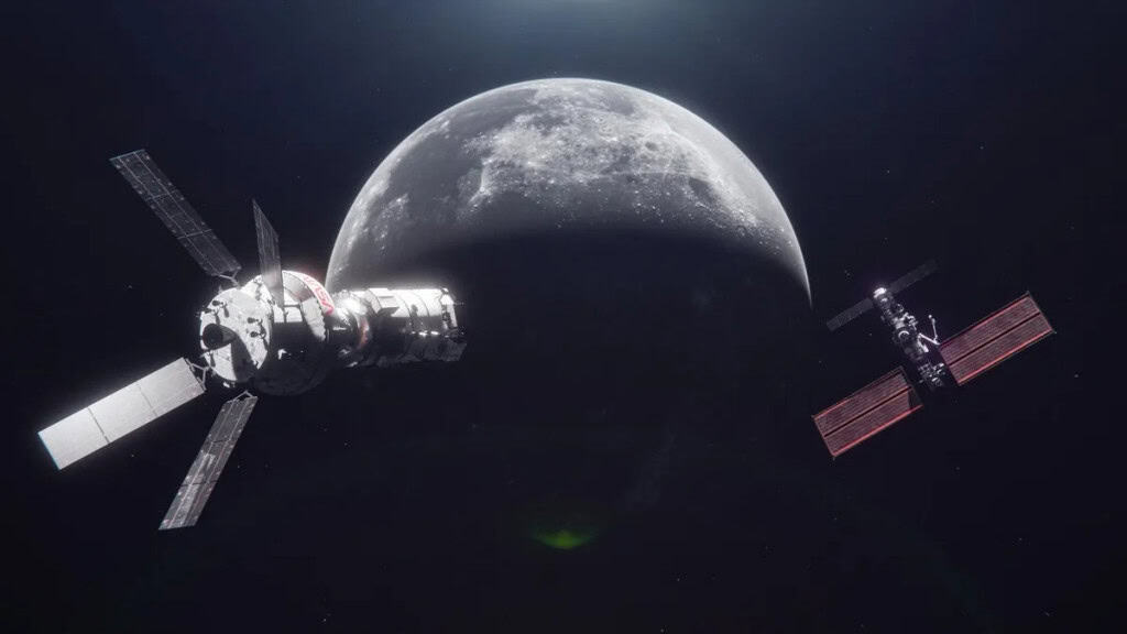 Representação mostra a espaçonave Orion da NASA se aproximando da futura Estação Espacial Gateway no espaço cis-lunar. DARPA pretende ampliar o monitoramento da região entre a Terra e a Lua.
