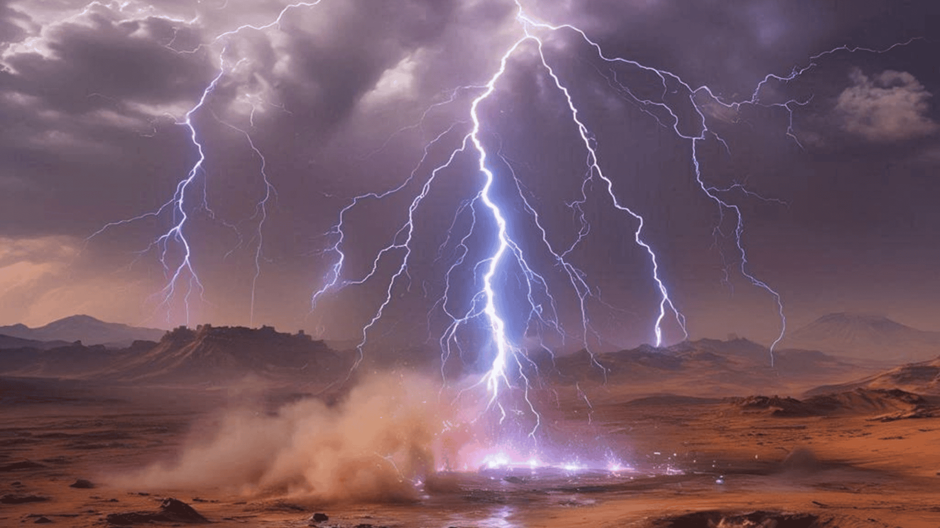 Arte feita com IA que simula relâmpagos atingindo a superfície de Marte