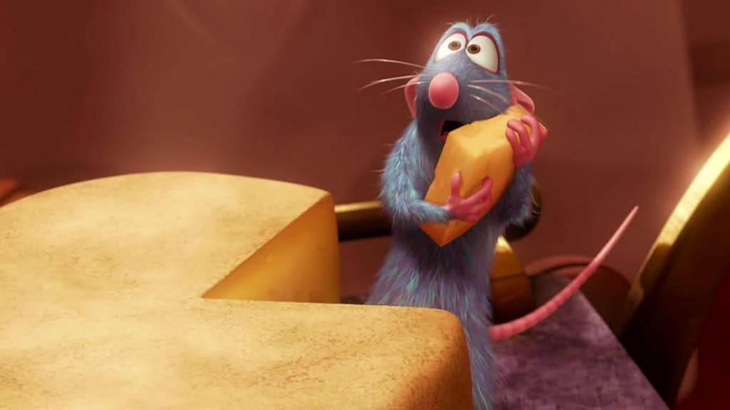 Cena de Ratatouille, animação da Pixar em que um rato é apaixonado por comida, especialmente queijo