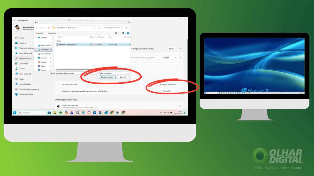 Configurações do Windows 11 exibindo a seleção de imagem com o papel de parede clássico do Windows 10 sendo aplicado, ao lado de uma tela com o fundo já atualizado, em tutorial para a matéria “Como mudar o visual do Windows 11 e fazê-lo parecer o Windows 10”