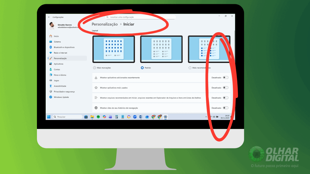 Tela de personalização do Menu Iniciar no Windows 11 com opções de layout e recomendações desativadas, em tutorial para a matéria “Como mudar o visual do Windows 11 e fazê-lo parecer o Windows 10”