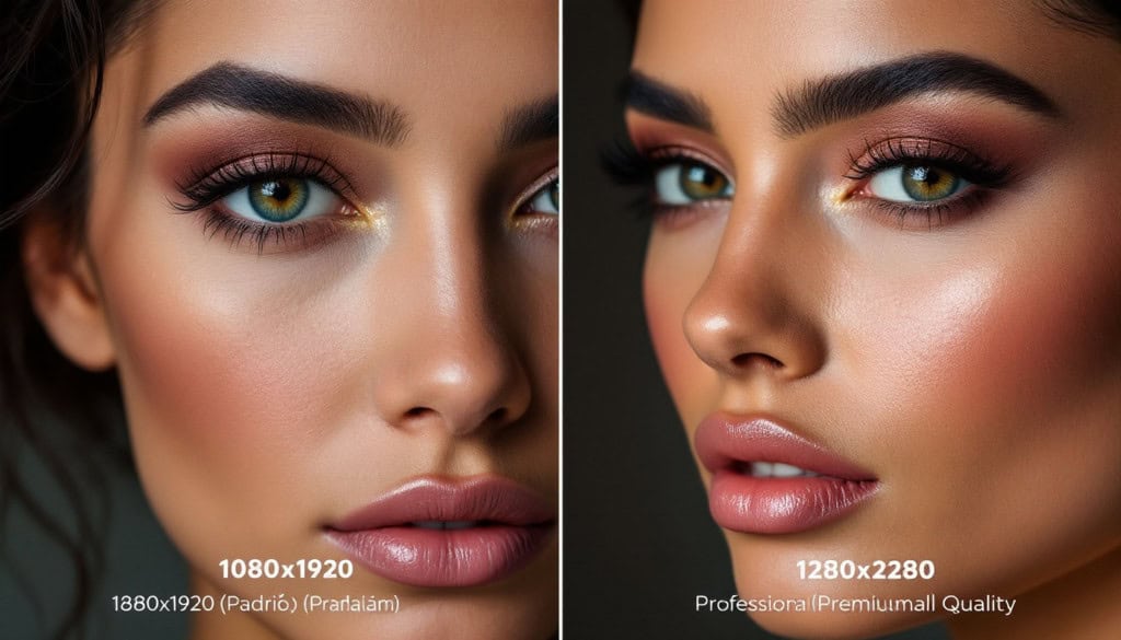 Close de rosto feminino dividido horizontalmente: lado esquerdo mostra a mesma imagem em resolução 1080×1920 com detalhes mais suavizados; lado direito mostra resolução 1280×2280 com texturas de pele e maquiagem nítidas e cristalinas