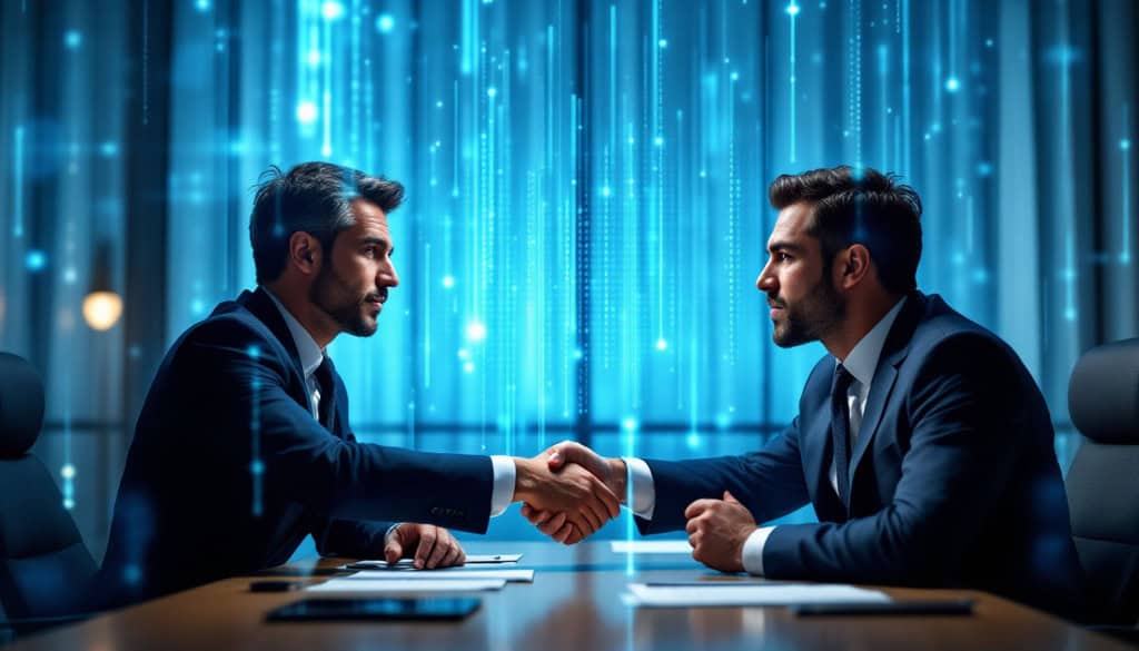 Imagem fotorrealista com um filtro digital azulado, simulando um ambiente virtual. Dois profissionais de terno apertam as mãos sobre uma mesa de reunião corporativa. À esquerda, um gerente com expressão cética e severa; à direita, um funcionário com postura determinada. Elementos gráficos sutis de grade digital sobrepõem a cena, indicando que se trata de um treinamento com IA