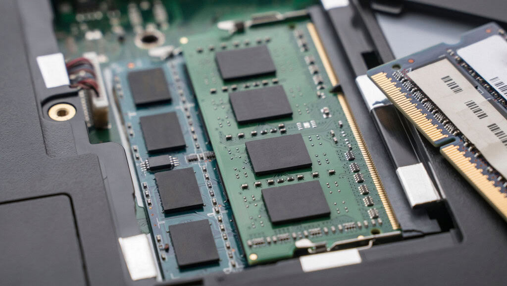 Módulos de memória RAM instalados nos slots da placa-mãe de um PC, representando o processo de atualização de hardware e a importância da compatibilidade entre os componentes