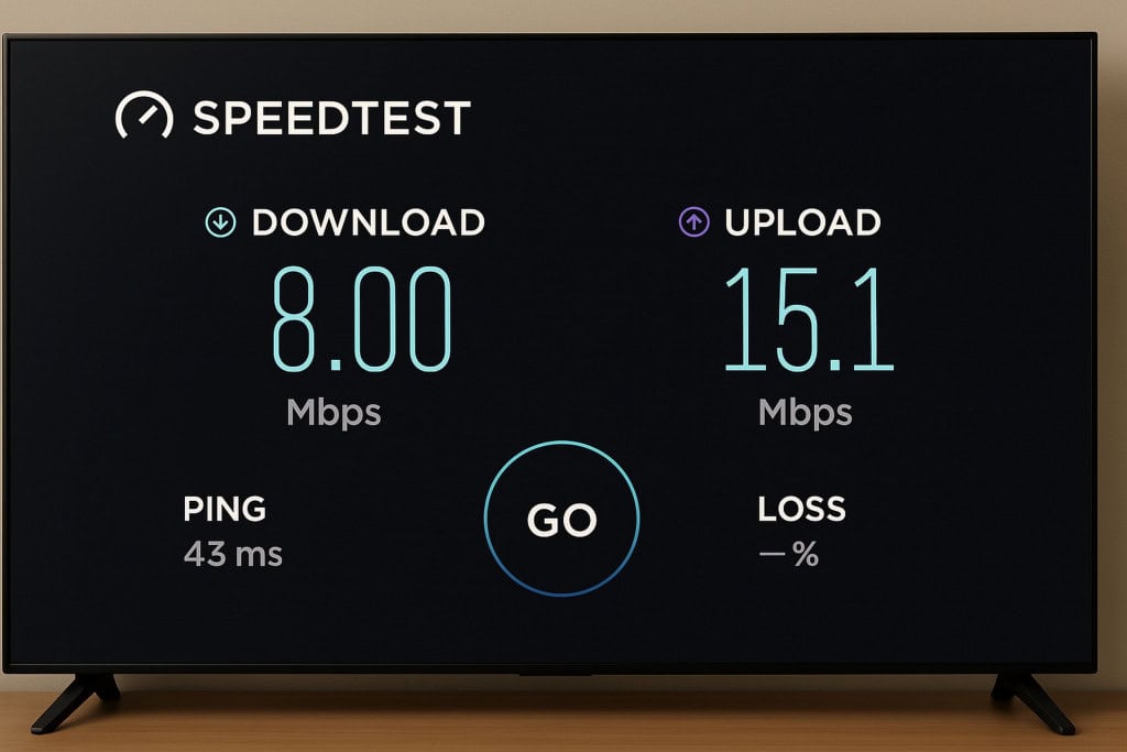 Screenshot de teste de velocidade (Speedtest) em Smart TV exibindo velocidade de download de 8 Mbps e informações de upload e ping