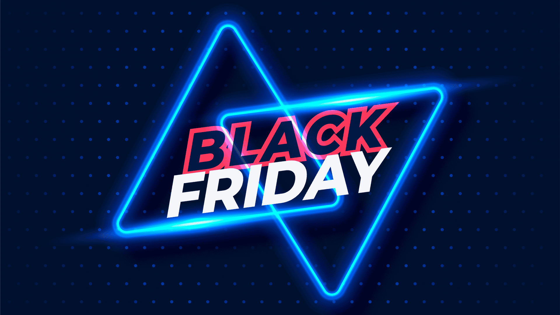 imagem ilustrativa com as palavras black friday em vermelho e branco, com triangulos azuis e fundo preto