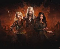 Imagem promocional da 4ª temporada de The Witcher, mostrando Ciri à esquerda empunhando uma espada, Geralt de Rívia ao centro com expressão séria e Yennefer à direita preparando um feitiço, com um castelo em chamas ao fundo