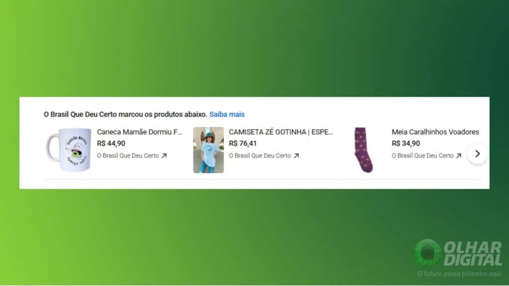 Exemplo de como os produtos mencionados aparecem na part