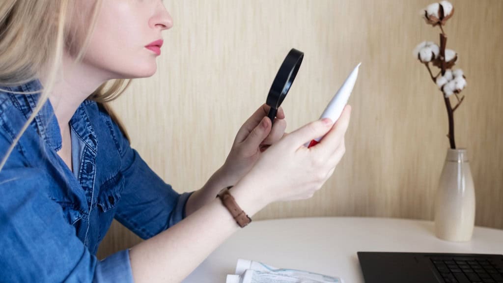 Mulher loira, olhando com uma lupa alguns cosméticos. 