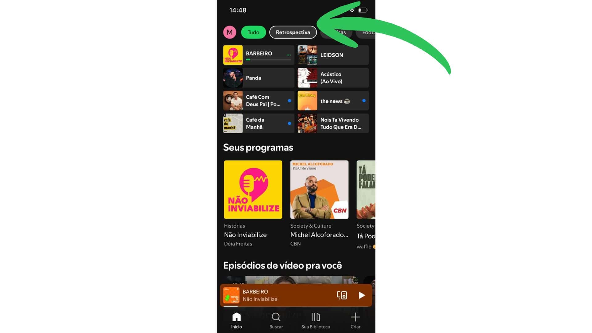 aplicativo do Spotify com seta verde indicando a palavra Retrospectiva