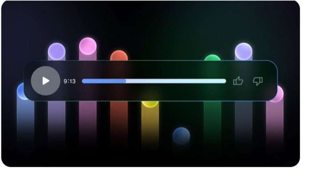 Interface moderna de áudio com botão de play, barra de progresso e tempo marcado em 9:13. Fundo vibrante com barras coloridas e círculos brilhantes, lembrando ondas sonoras dançantes.