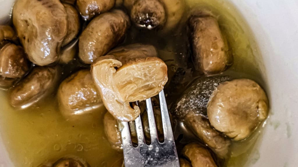 A imagem mostra cogumelos pequenos e arredondados dentro de um líquido transparente, como salmoura. Um deles está espetado por um garfo e erguido, revelando seu interior claro.