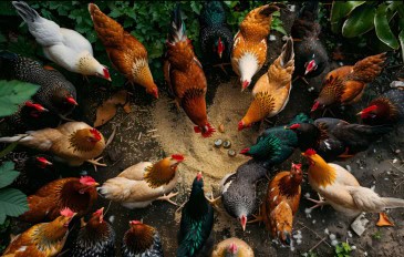 Visão fotográfica de cena de várias galinhas comendo em terreiro