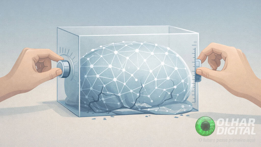 Ilustração de ponto de vista (POV) de pessoa mexendo em botões nas laterais de uma caixa com cérebro dentro, representando supervisão humana no funcionamento de agentes de inteligência artificial (IA)