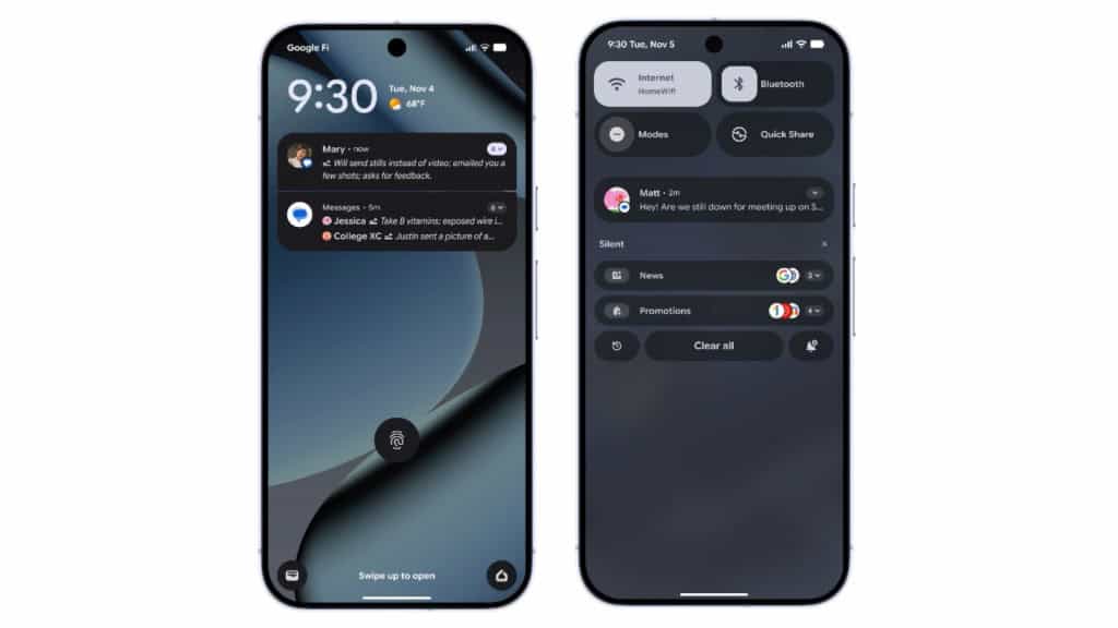 Montagem com capturas de tela mostrando resumos feitos por IA de mensagens e notificações organizadas em duas categorias no Android 16 QPR2
