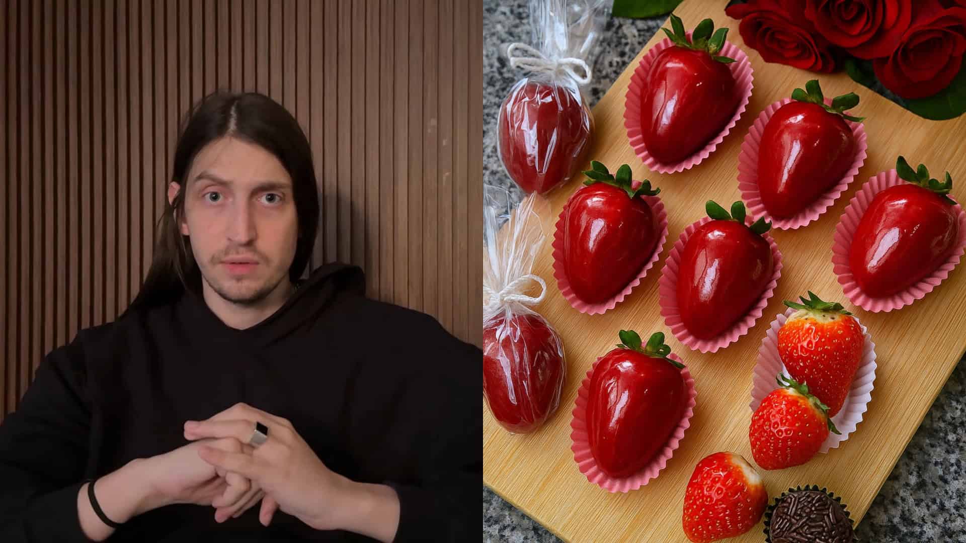 Montagem com imagens de Felca e morango do amor