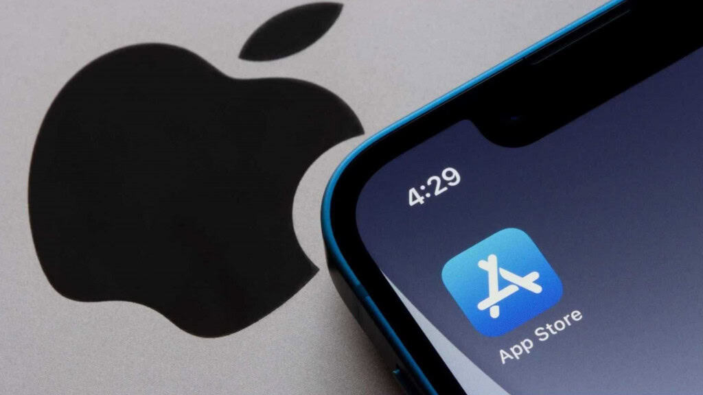 Logo da Apple ao lado do logo da App Store em um iPhone