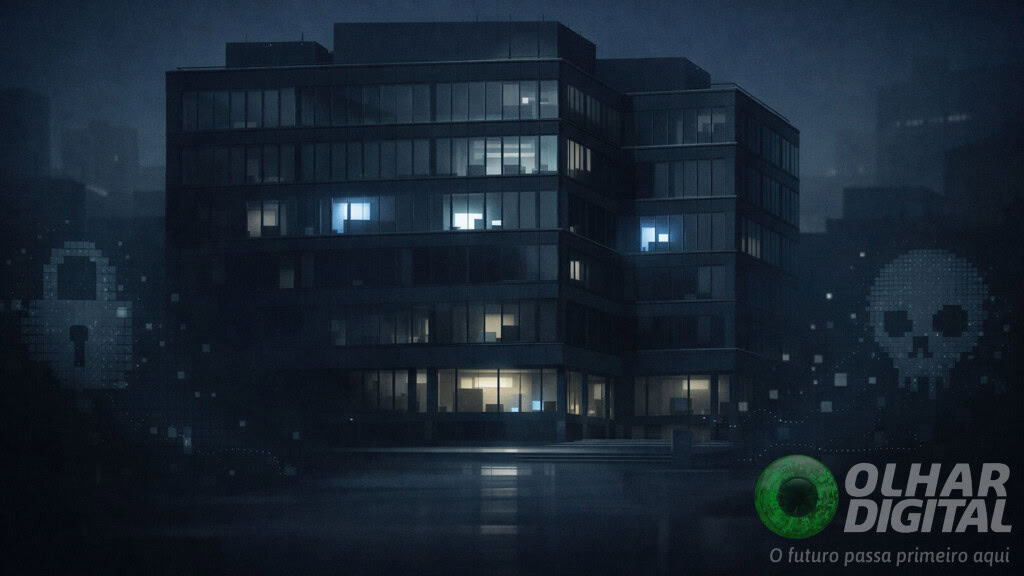 Prédio de empresa quase todo apagado e cercado por símbolos de ataque hacker