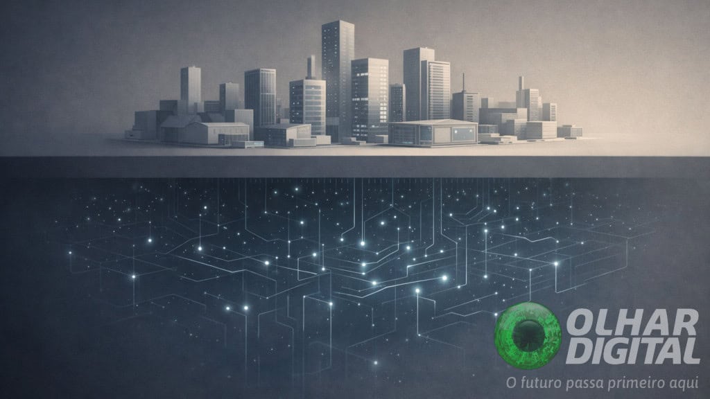 Ilustração de cidade grande sustentada por linhas tecnológicas no subsolo