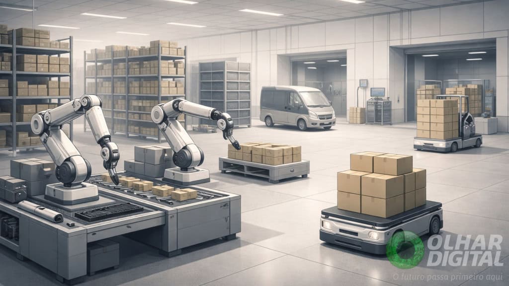Ilustração de vários tipos de robô trabalhando em armazém
