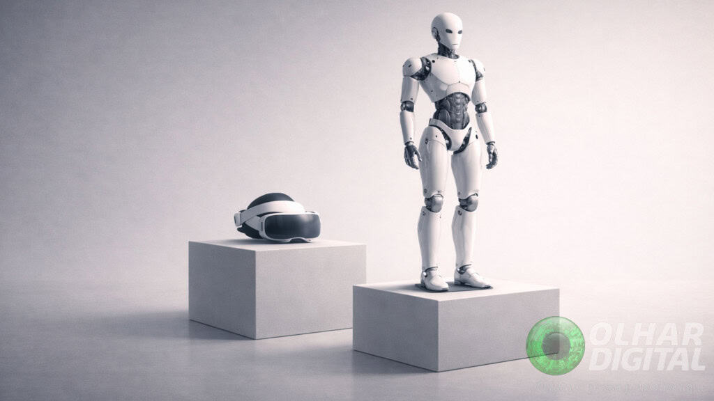 Ilustração de robô humanoide e headset em cima de cubos de concreto