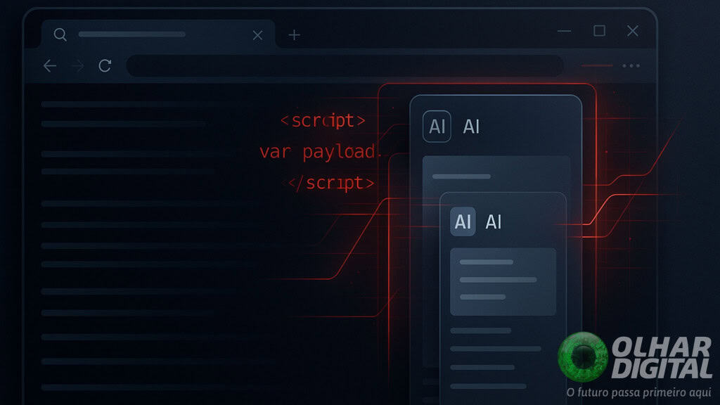 Ilustração de brecha de segurança em barra lateral de navegador com inteligência artificial (IA)