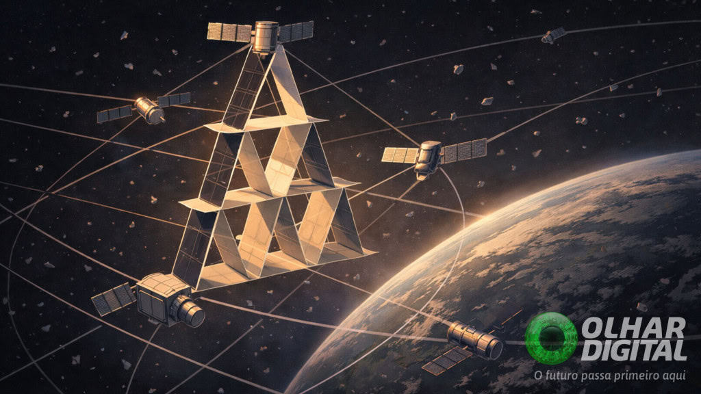 Ilustração do planeta Terra com satélites em volta formando castelo de cartas