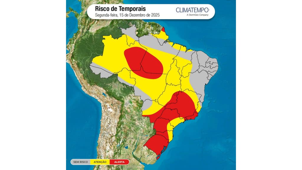Mapa do Brasil com previsão do tempo para 15 de dezembro de 2025